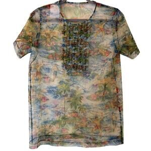 Dsquared2 Sheer Mesh Tulle Hawaii Print Short Sleeve Top XS NWOT $785 Rare 2018